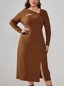 SHEIN Clasi Plus Size Asymmetrical Collar Hollow Out Hem Slit Design Dress - Brown - View 3