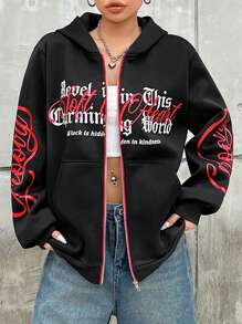 SHEIN Coolane 女士前開拉鍊字母連帽衫 - 黑色 - 查看 3