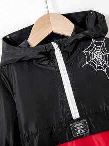 SHEIN Toddler Boys' Hooded Zipper Jacket With Half Placket, Letter Patch And Spider Print - Black - View 4