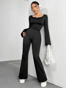 SHEIN Unity 女士圓領喇叭袖連身褲 - 黑色 - 查看 6