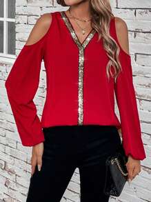 SHEIN LUNE 女士閃爍拼接露肩上衣 - 酒紅色 - 查看 3