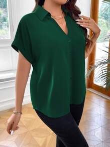 Vionelle Plus Size Solid Color Short Sleeve Shirt, Casual Style - Dark Green - View 5