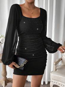 Calvaya Women's Black Square Neck Mesh Splice Sparkly Pleated Dress With Fashionable Design