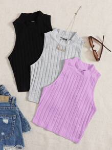 SHEIN EZwear Conjunto De 3 Tops Sin Mangas Mock Neck De Punto Acanalado Para Verano - Multicolor - Ver 6