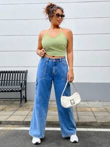 SHEIN EZwear 女性加大碼純色紋理露背上衣 - 綠色 - 查看 5