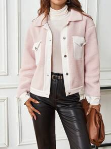 SHEIN LUNE Chaqueta Delantera Con Botones Y Cuello De Solapa De Color En Contraste Para Mujer Con Bolsillos Con Solapa - Púrpura polvoriento - Ver 5