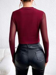SHEIN Privé Áo lưới hở lưng tương phản cho nữ - Màu Đỏ Sâu - Xem 2