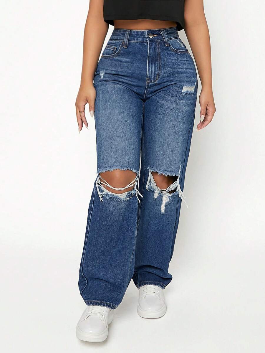 SHEIN PETITE Ripped Frayed Cut Out Straight Leg Jeans - Dark Wash - View 1
