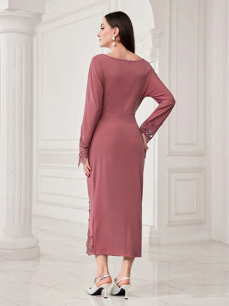 Ladies' Plain Round Neck Lace Patchwork Stylish Dress