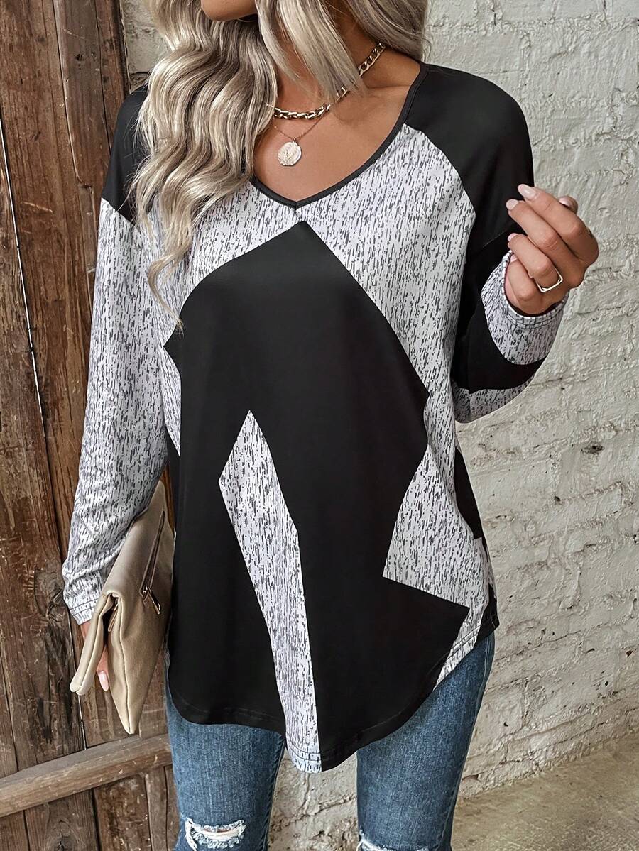 SHEIN LUNE 女款拼色落肩 T 卹 - 彩色 - 查看 1