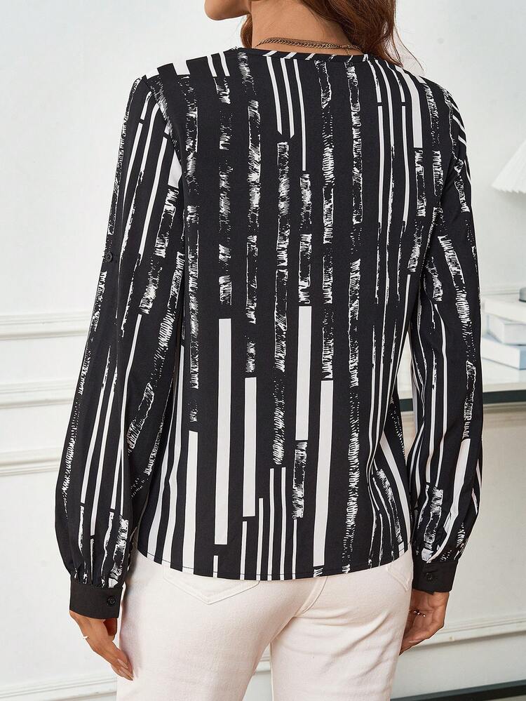 Striped Notched Collar Button Up Shirt With Long Sleeves