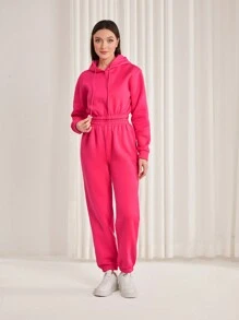 SHEIN LUNE 女士連帽束腰運動衫和運動褲套裝 - 玫紅色 - 查看 6