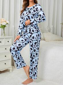 Conjunto De Pijama De Patrón De Panda Para Mujer - Celeste - Ver 1