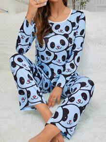Conjunto De Pijama De Patrón De Panda Para Mujer - Celeste - Ver 2