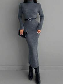 EURMUSE Turtleneck Ribbed Knit Bodycon Jumper Dress Without Belt - Dark Grey - View 3