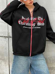 SHEIN Coolane 女士前開拉鍊字母連帽衫 - 黑色 - 查看 4