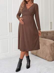 SHEIN Maternity V-neck Cross-pleat Long-sleeved Nursing Dress - Brown - View 5