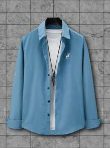 Manfinity Homme Men's Embroidered Long Sleeve Shirt - Dusty Blue - View 7