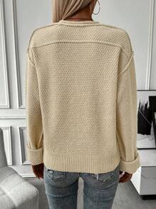 SHEIN LUNE 女士开衩下摆落肩套头针织衫秋冬毛衣 - 杏色 - 查看 2