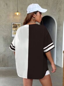 SHEIN EZwear Của phụ nữ Tương phản Màu sắc Lá thư In Nút phía trước Áo sơ mi - Đen và trắng - Xem 2