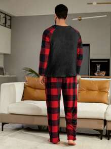 Men 1pc Buffalo Plaid & Christmas Print Raglan Sleeve Sleep Tee & 1pc Sleep Pants