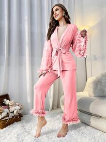 Women's Mesh Splice Ruffle Trimmed Pajama Set With Lace Decoration - Pink - View 3