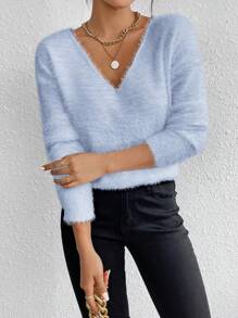 SHEIN LUNE Áo len nữ cổ chữ V mềm mại, tay dài, kiểu dáng áo chui đầu, thích hợp cho mùa thu đông. - Màu xanh nhạt - Xem 5