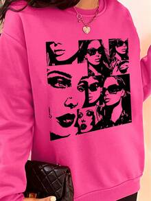SHEIN EZwear Women's Character Print Drop Shoulder Sweatshirt - Hot Pink - View 4