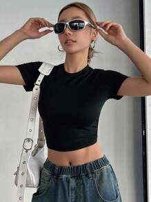 DAZY 女式后背带短袖T恤外出上衣邮轮女装、露背上衣、短款上衣 - 黑色 - 查看 3