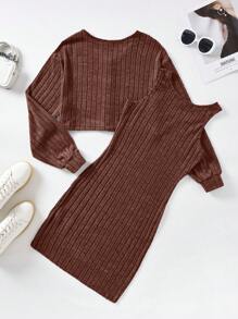 SHEIN EZwear 2入組實色針織背心裙和T恤套裝 - 棕色 - 查看 2
