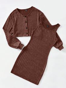 SHEIN EZwear 2入組實色針織背心裙和T恤套裝 - 棕色 - 查看 4