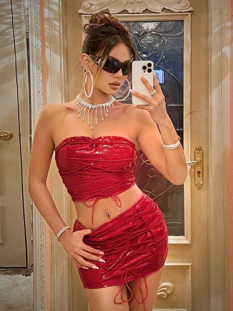 Slim Fit Red Pu Cross & Thin Strap Decorated Strapless Top And Skirt Two Piece Set