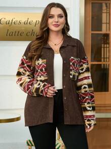 EMERY ROSE Chaquetas Con Estampado Geométrico De Hombros Caídos Para Mujeres De Talla Grande - Marrón - Ver 1