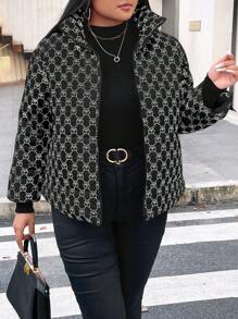 Celure 加大码 全身印花 加厚 夹棉 外套 冬季保暖 - 黑色 - 查看 3
