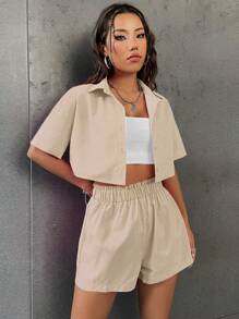 SHEIN Unity Solid Button Front Crop Blouse & Paperbag Waist Shorts - Apricot - View 3