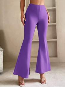 SHEIN PETITE Women's Solid Color Flared Pants - Purple - View 1