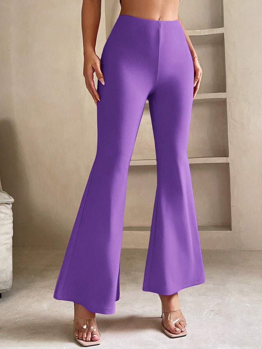 SHEIN PETITE Women's Solid Color Flared Pants - Purple - View 1