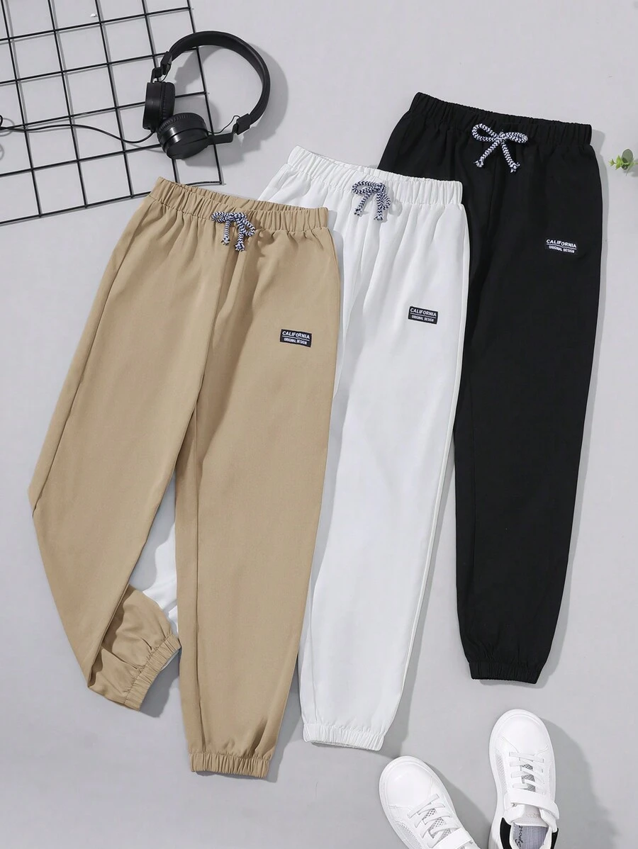SHEIN 3件套男童纯色运动裤，冬季套装，冬季服装，秋季服装，所有服装，白色裤子，黑色裤子 - 卡其色 - 查看 1
