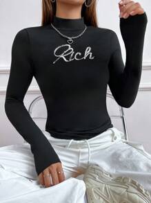 SHEIN Unity 字母裝飾立領t恤,具有珠片細節 - 黑色 - 查看 1