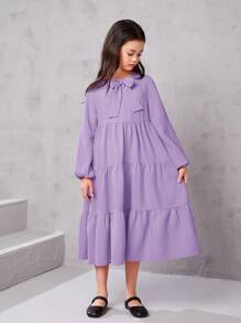 SHEIN Tween Girl dáng rộng phong cách cổ điển Đầm dài tay cổ nơ cổ chữ A - Màu tím - Xem 5