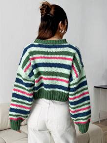 SHEIN Qutie 條紋休閒寬鬆套頭毛衣 - 綠色 - 查看 2