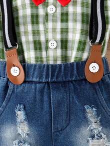 Conjunto De Camisa A Cuadros Y Pantalones Cortos Overoles Envejecidos Para Bebés Masculinos - Verde - Ver 6