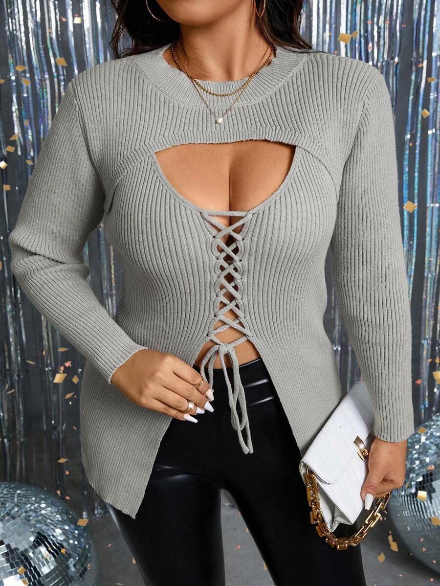 SHEIN Clasi Women's Plus Size Solid Color Round Neck Hollow Out Cross Strap Ribbed Knit Sweater Knit Pullover Fall Winter Sweater - Grey - View 1