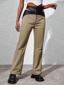 SHEIN LUNE Pantalones Largos Con Cintura Elástica Y Recorte Casual De Otoño / Invierno - Caqui - Ver 4