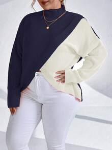 Celure Plus Size Women's Colorblock Asymmetrical Hem Sweater - Navy Blue - View 7
