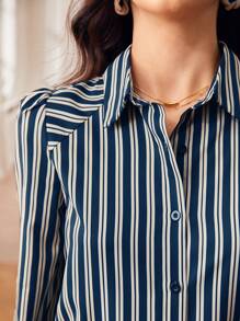 SHEIN Frenchy 女用條紋長袖襯衫 - 藏蓝色 - 查看 5