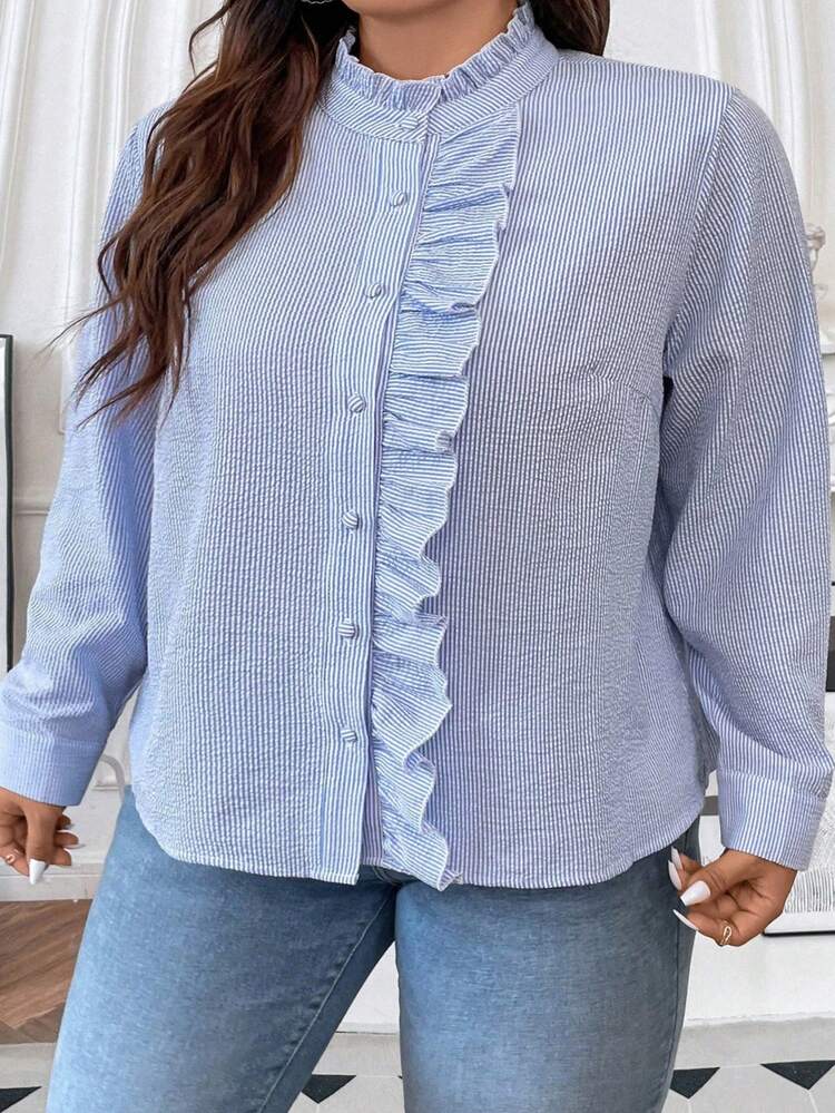 Plus Size Striped Frilled Hem Decoration Casual Shirt