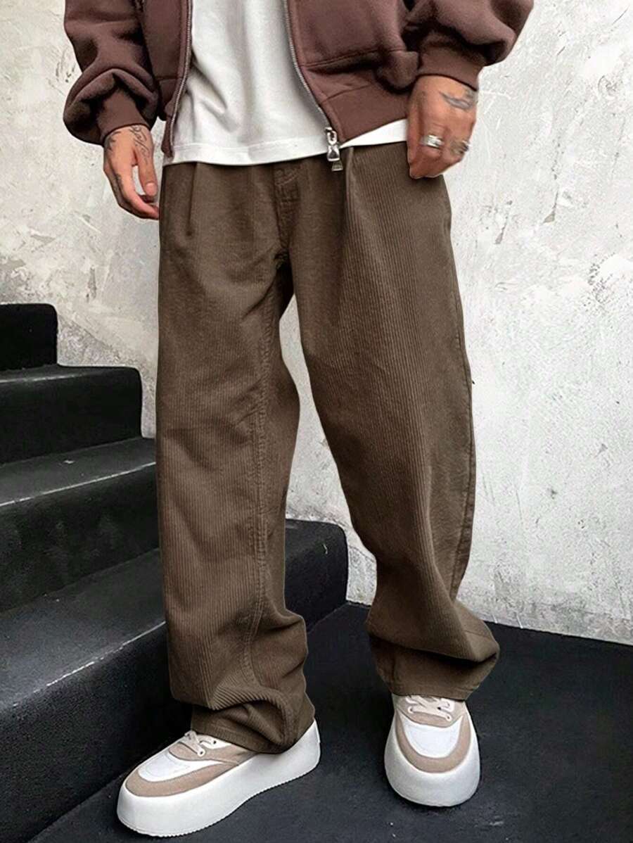 Manfinity Homme Relaxed Fit Men's Casual Straight Leg Long Pants - Brown - View 1