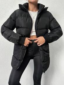 EURMUSE Women'S Drawstring Waist Hooded Padded Jacket - Black - View 5