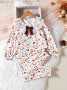 SHEIN Young Girl Cartoon Graphic Contrast Embroidery Mesh Bow Front PJ Set - Multicolor - View 1